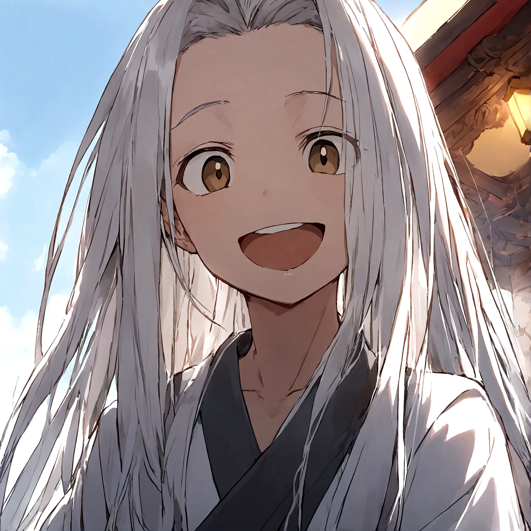 1boy,White hair,White shirt,Facing the audience,Smile,clavicle,Japanese clothes,Long hair,open mouth,solo