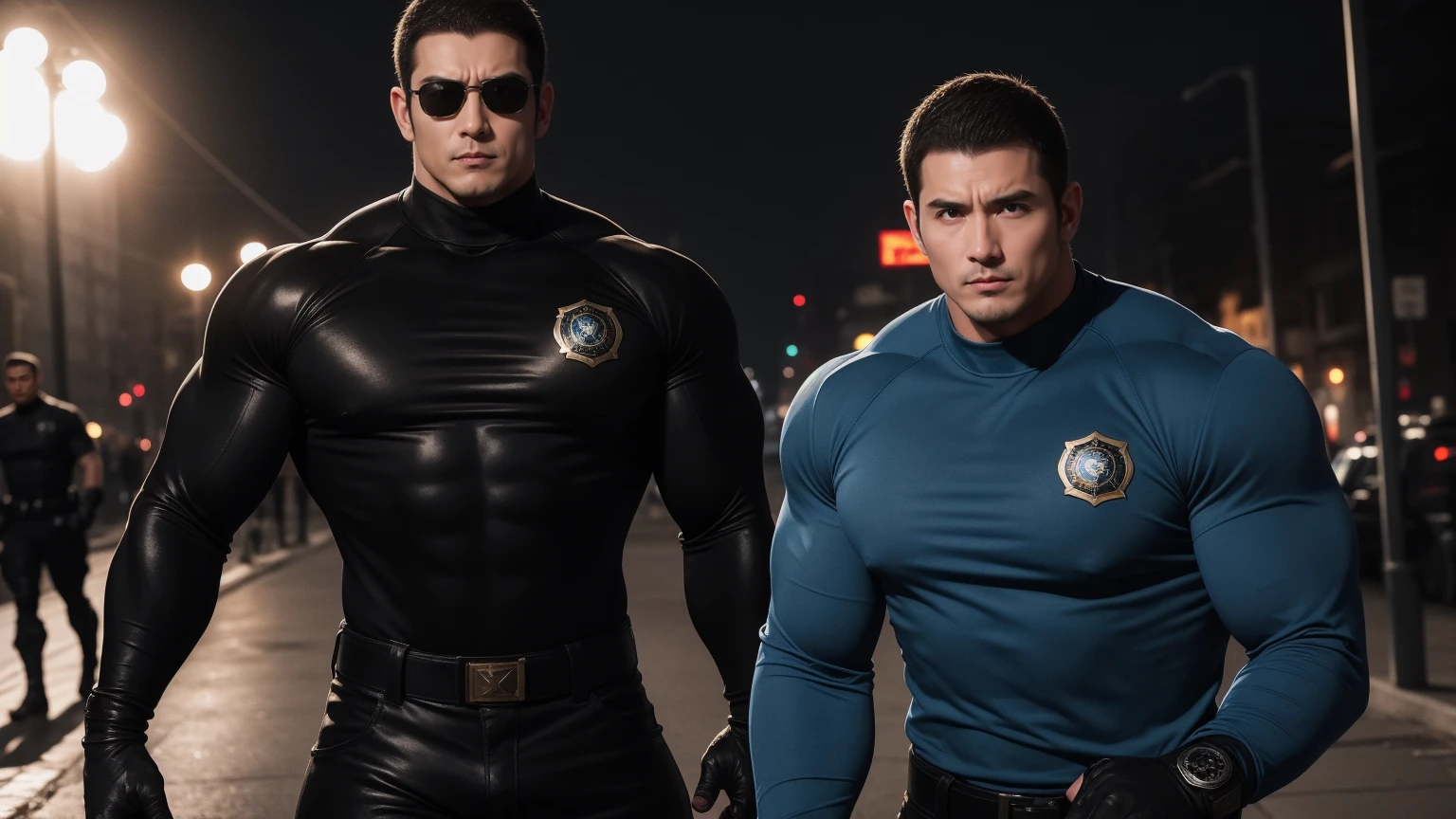 Super muscular man hugging, Sad eyes,Wear sunglasses,They embrace affectionately,short hair,On a vintage outdoor street under the hot sun, Wear long sleeves, Deep turtleneck bodysuit, Thickened warm elastic texture,The clothes are dirty,There are mud stains,Looks sad, Thick thighs, messy hair, Thick thighs, High target-necked long-sleeved dark yellow high-necked tights, very tight, Regular symmetrical pattern, High targetlight muscles, Police uniform pants, character concept(Resident Evil - chris redfield, chris redfield)A proud expression, Deep and charming eyes, Valiant male pose, tall Burly, muscular!muscular thighs, Tough Guy, Perfect facial features, High target, Burly, Heqiang, Super exquisite and cool, High target Resolution Committee, Attractive, The sun is blazing, Dazzling