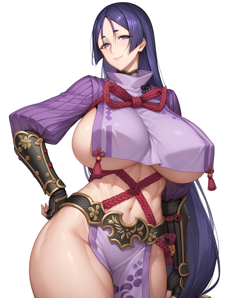 score_9, score_8_up, score_7_up, source_anime,perfect,high quality,faultless,
raikou, raikou, parted bangs, purple eyes, purple hair, long hair, hime cut, forehead, mature female,
arm guards, armor, black gloves, bodysuit, fingerless gloves, gloves, japanese armor, kote, loincloth, purple bodysuit, ribbed sleeves, tabard, toned,mother,maternal,maternal instinct,Super huge breasts,whipped thighs,smile,soft expression,near body,SFW,white background