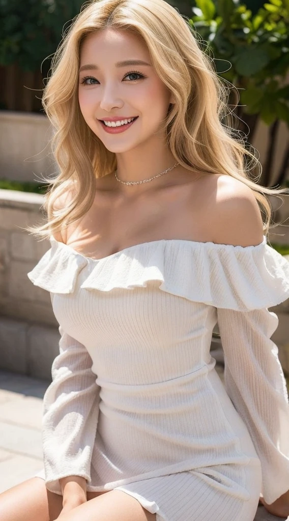 Surreal beautiful woman with blonde wavy hair and a big smile on her face.South Korea.Pure white off-shoulder low-cut dress.role play