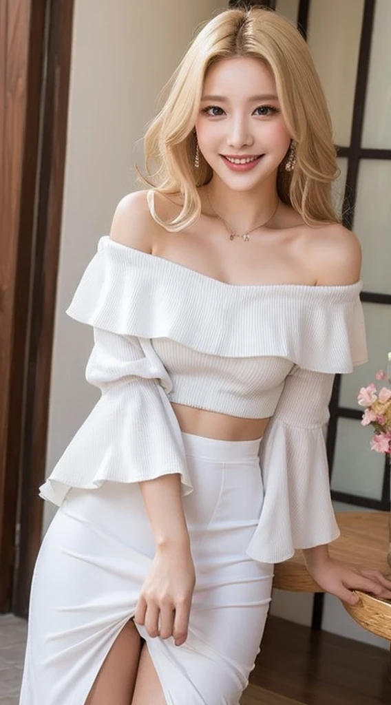 Surreal beautiful woman with blonde wavy hair and a big smile on her face.South Korea.Pure white off-shoulder low-cut dress.role play