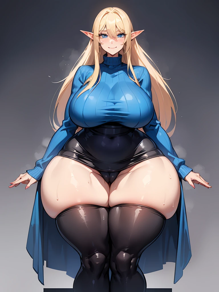 young elf girl, blue eyes, blue Pullover, black long skirt, whole body to see, smiled, excited, moans, blond long hair, (( very wide hips)), (((colossal Thighs, gigantic thighs, very huge thighs, very big thighs))), sexy pose, wet clothes