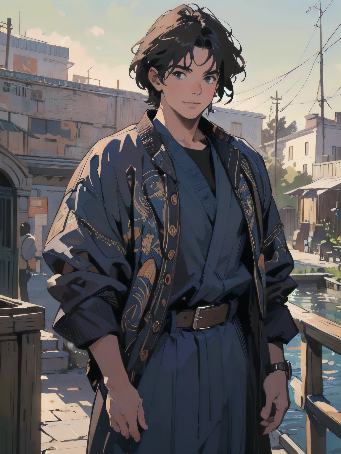 Anime Style, Tall and muscular handsome man, wearing blue robes from medieval Europe, intricate Damascus steel buckle on a brown leather belt, smile, (Highest quality,4K,8k,High resolution,masterpiece:1.2),Super detailed,(Realistic,photoRealistic,photo-Realistic:1.37)
