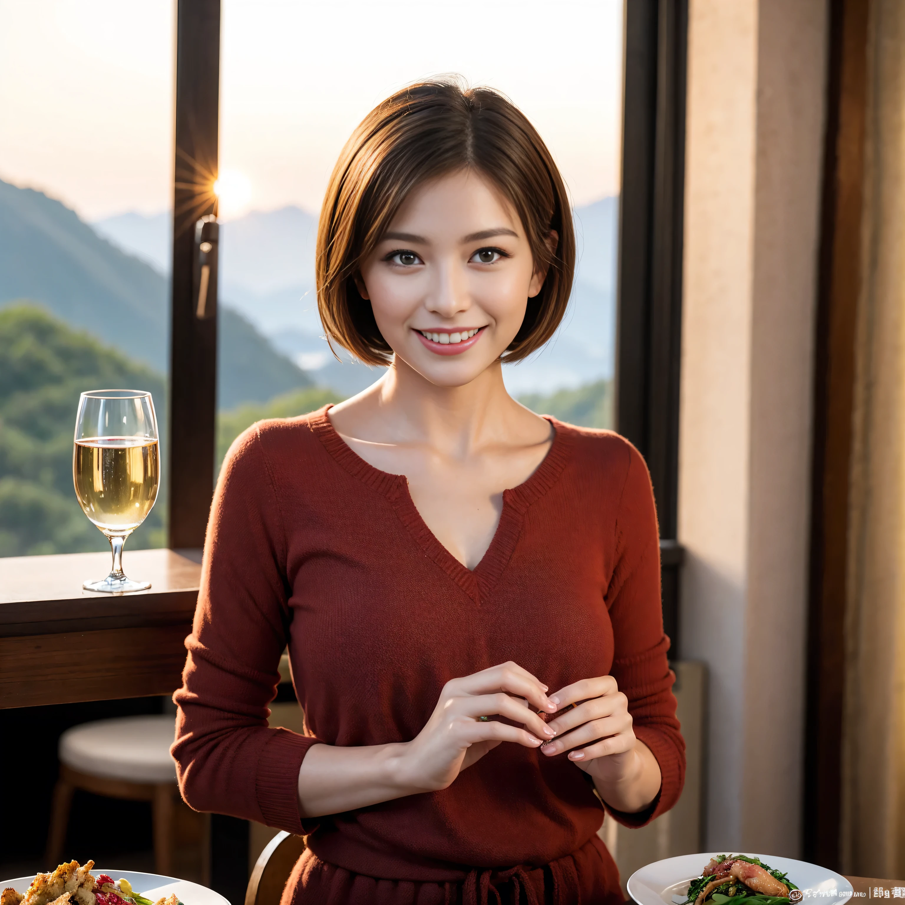 ((Highest quality、8k、masterpiece:1.3))、1 male、1 female、Couple、spouse、Couple、The body is slim、((Bob Hale、Straight hair:1.2)), (Realistic, Intricate details:1.2), Wine glass on the table、Put the light on your face、 Amazing view of the sunset sky and clouds、Amazing mountain views、A bright smile、The wonderfulness of smile、Bright image、The beauty of wine, Beautiful Face, blue eyes, The light shines on your face, Blushing, short hair,Bright Face、 (Age 37), 39 years old, red wine 、Appetizers、Italian food、Wine bottle、Champagne、sparkling wine、Two beauties、Brown Hair、Shortcuts、Long sleeve shirt、dress、Pretty Woman 1, (Slim face), (The body is slim), (Brown Hair), (Shortcuts), cheeks turn a little red,Attractive beauty、restaurant, In a prominent place (From the waist up) Nova Frog Style, actress, model, Upper Body, White wine, slim, wine glass, A wine glass placed in the center, smile, (smile: 1.15), Beautiful fine grain, Depth f/2,saturation, High Contrast, Strong light and shadow,Moist Body:1.5、3D texture、Delicate eyes、Brown Hair、The hair is very shiny、