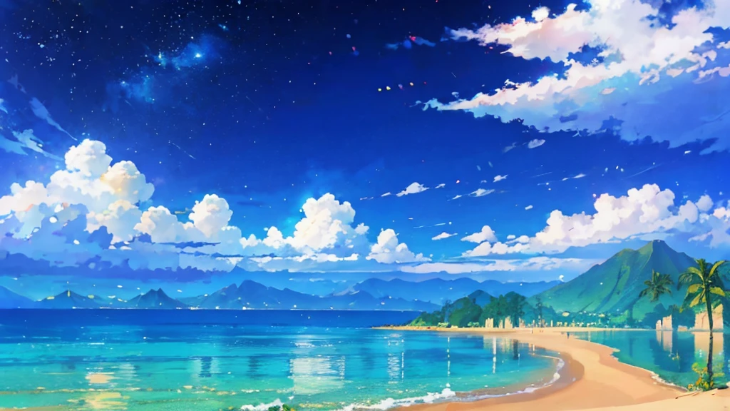 The towering mountains are reflected in the calm waters of the beach 、Hawaii, palm trees,Peaceful scenery scene in anime style. By Makoto Shinkai, Anime Art Wallpaper 4K, Anime Art Wallpaper 4K, anime art wallpaper 8 k, Anime wallpaper 4K, Anime wallpaper 4K, 4K anime wallpaper, Anime Sky, Great wallpaper, Anime Background, Planets in the background, Anime Background art