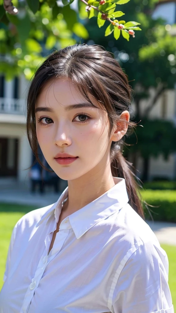White collared shirt,jeans,outdoors,Urban Park,On the lawn,One woman,close up face,fully body photo,masutepiece, The highest image quality, High quality, the background is clear,Beautiful woman, Japanese, Detailed, Ultra-detailed, finely detail, hight resolution, 8K Wallpaper, Perfect dynamic composition, Beautiful detailed eyes ,Detailed eyes, Detailed skin, Beautiful skin, 超hight resolution, (reality: 1.4),Very beautiful woman, Slightly younger face, Beautiful skin, slender, (Ultra photo realsisim), (hight resolution), (8K), (Very detailed) (beautifully detailed eyes), (super detailed), (Detailed face), view the viewer, Fine details, Detailed face, Staring straight ahead, Staring straight ahead, photos realistic, Bright lighting, Professional Lighting, Black hair,poneyTail,a baby face,sixteen years old,Hairstyle: ponytail,Long ponytail hairstyle,slight smile,