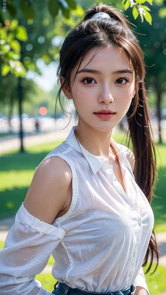 White collared shirt,jeans,outdoors,Urban Park,On the lawn,One woman,close up face,fully body photo,masutepiece, The highest image quality, High quality, the background is clear,Beautiful woman, Japanese, Detailed, Ultra-detailed, finely detail, hight resolution, 8K Wallpaper, Perfect dynamic composition, Beautiful detailed eyes ,Detailed eyes, Detailed skin, Beautiful skin, 超hight resolution, (reality: 1.4),Very beautiful woman, Slightly younger face, Beautiful skin, slender, (Ultra photo realsisim), (hight resolution), (8K), (Very detailed) (beautifully detailed eyes), (super detailed), (Detailed face), view the viewer, Fine details, Detailed face, Staring straight ahead, Staring straight ahead, photos realistic, Bright lighting, Professional Lighting, Black hair,poneyTail,a baby face,sixteen years old,Hairstyle: ponytail,Long ponytail hairstyle,slight smile,