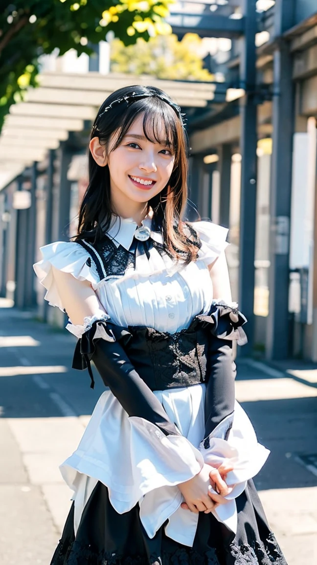 (8k、RAW Photos、highest quality、masterpiece:1.2)、(Realistic、Realistic),1 girl、white skinbest quality,soft light, ultra high res, (photorealistic:1.4), RAW photo,1 Nogizaka Musume、very cute、beautiful girl、19 years old、(gothic  fashion)、beautiful face, Exquisite details of eyes and skin、fine black shiny hair、Classy ruffles、frilled tie、ribbon tie、rose hair accessories、(smile at the camera)、(cowboy shot)、(sea of europe)、professional lighting、break、(realistic、Photoreal:1.37)、8K、(masterpiece)、(highest quality:1.4)、(Super high resolution:1.2)、 (Raw photo:1.2)、(delicate lace、soft fabric、beautiful rose pattern dress)、perfect anatomy、4 fingers and 1 thumb、seaside background、(Wallpaper by Unity 8K)