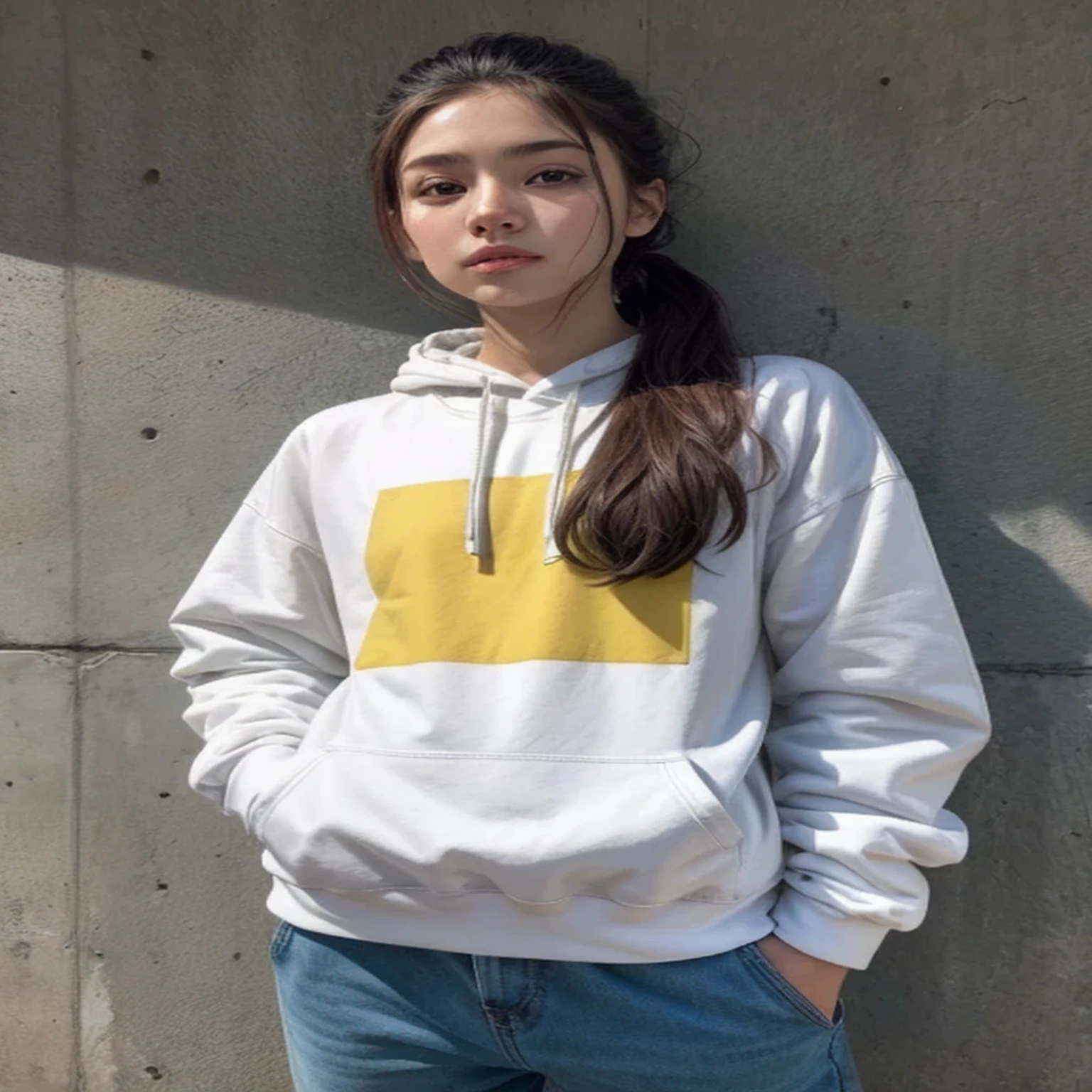 a white sudadera stripe on the front and a yellow stripe on the back, ropa completa, , poderosol, sudadera, ropa detallada, sudadera con capucha, ropa realista, a todo color still, poderoso, urban clothing graphic design, ropa deportiva, orgulloso