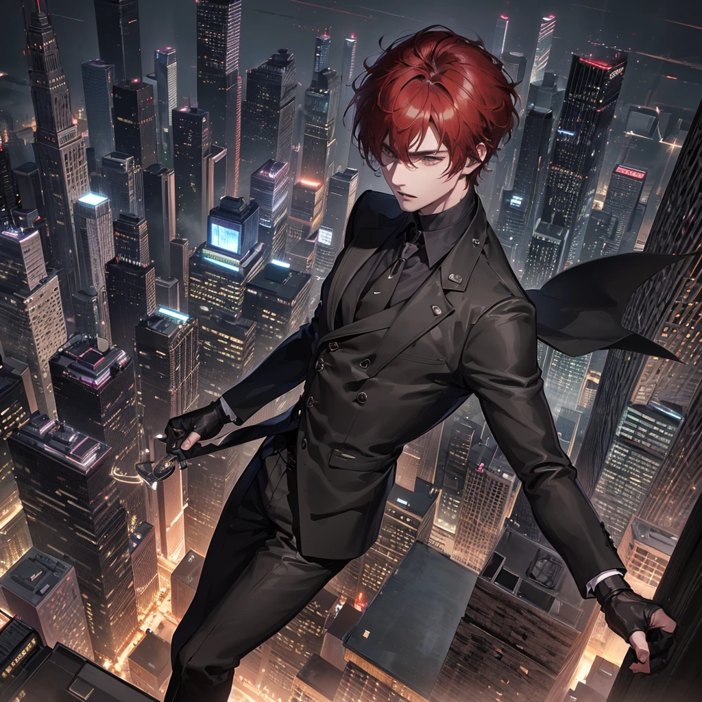 a man in a black suit standing on the rooftop of a tall building, back facing the city skyline, cinematic lighting, dramatic atmosphere, anime-style character, highly detailed, photorealistic, 8K, intricate details, sharp focus, volumetric lighting, realistic textures, moody colors, chiaroscuro lighting, masterpiece, short hair, red hair