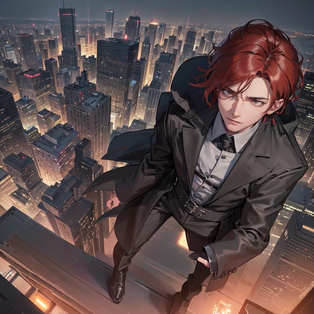 a man in a black suit standing on the rooftop of a tall building, back facing the city skyline, cinematic lighting, dramatic atmosphere, anime-style character, highly detailed, photorealistic, 8K, intricate details, sharp focus, volumetric lighting, realistic textures, moody colors, chiaroscuro lighting, masterpiece, short hair, red hair