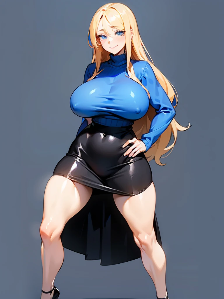 young girl, blue eyes, blue Pullover, black long skirt, whole body to see, smiled, excited, moans, blond long hair, sexy pose, big breasts, wide hips