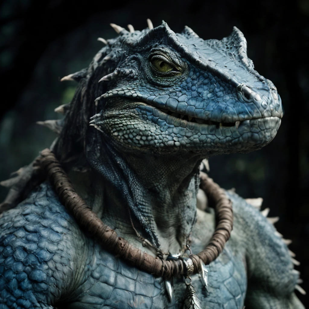 (masterpiece)+, (extremely (realistic)+,a portrait of a extremely ugly male lizardfolk tribal warrior, Massive, Tribal necklace and armor, Blue-tinted scales. Menacing stare. Looking at camera. volumetrics dtx, Photorealistic, ultra detailed, Artstation trending, very very detailed, realistic shaded lighting, dynamic shadows, detailed Swamp background, upper body, professional photograph of a detailed skin, sharp focus, dramatic, award winning, cinematic lighting, octane render, unreal engine, volumetrics dtx, Photorealistic, ultra detailed, Artstation trending, very very detailed, hyperrealistic, fine details, realistic shaded lighting, dynamic shadows, Swamp background, add_detail:1, skin pores and wrinkles, details.,