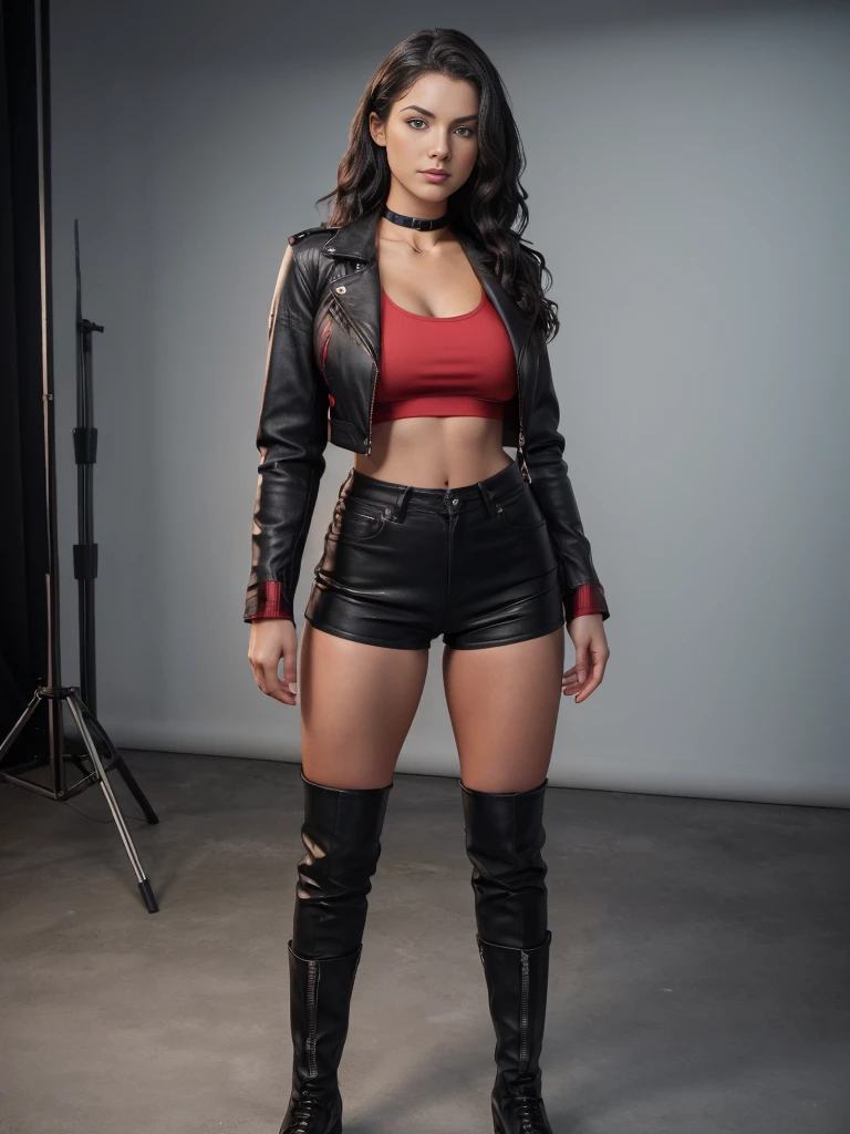 A beautiful 20 year old female model with large breasts, wearing a open red leather jacket over a black crop top and high-waisted black shorts, has dark wavy hair and blue eyes. She has an athletic build and is wearing black boots and a black choker necklace. Full body shot, realistic, photorealistic, 8k, best quality, masterpiece, ultra-detailed, physically-based rendering, vivid colors, studio lighting