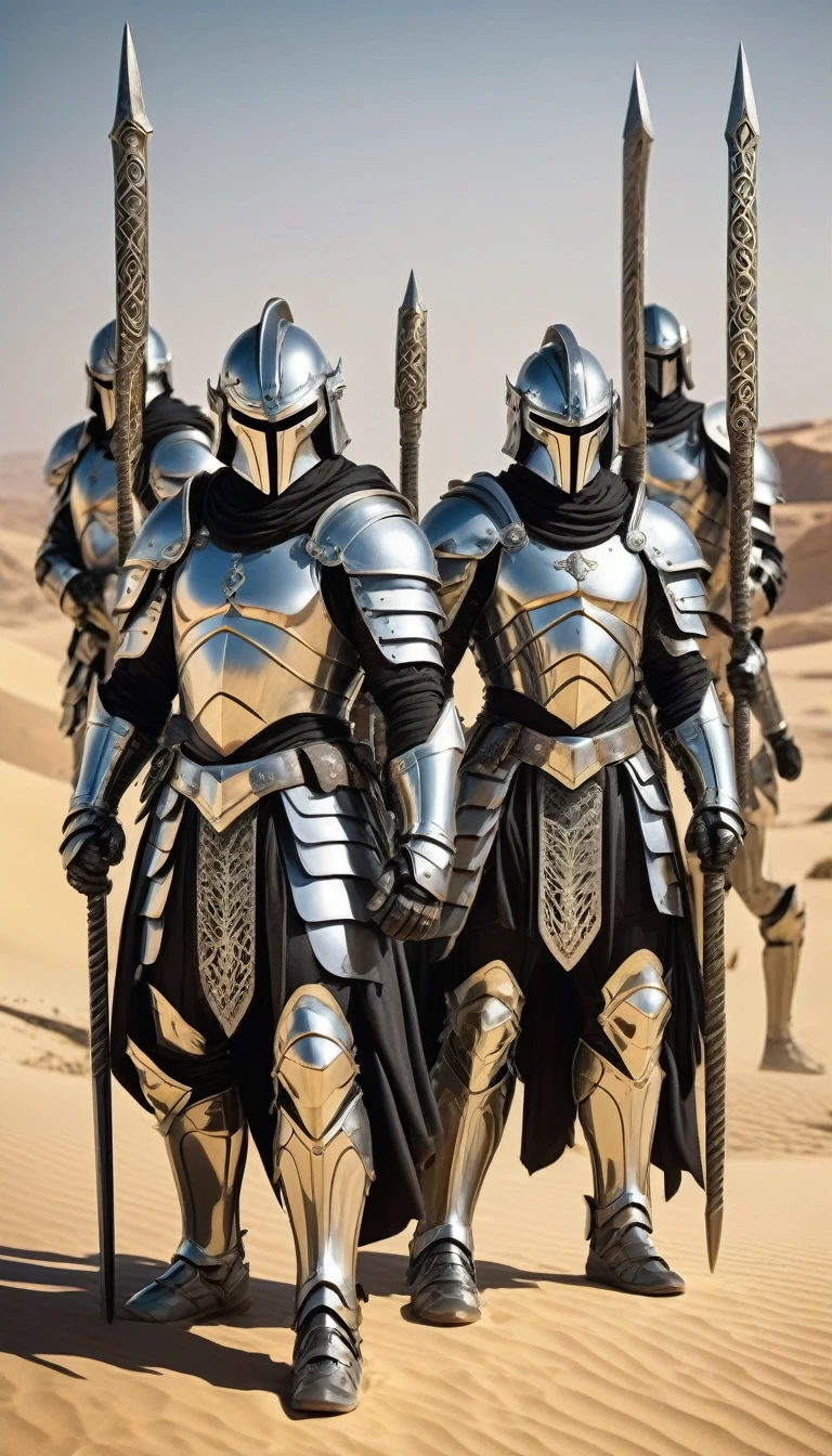 squads of warrior men with silver sabers in the desert, silver armor with symbols of semicircles, against the backdrop of an Arab city made of gold