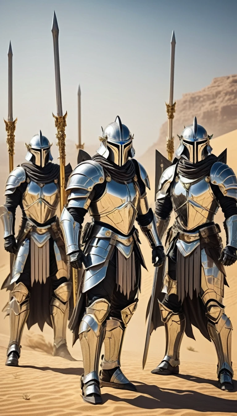 squads of warrior men with silver sabers in the desert, silver armor with symbols of semicircles, against the backdrop of an Arab city made of gold