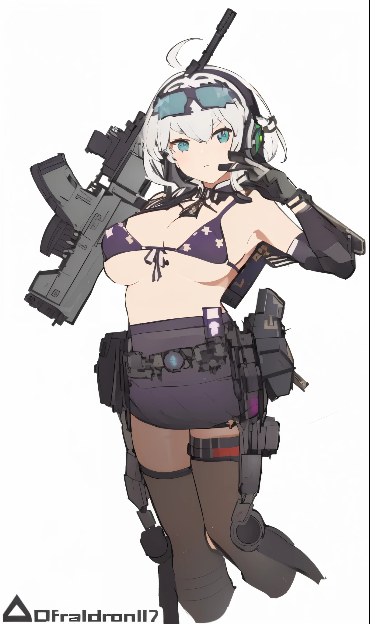 Emilia re:zero, purple eyes, Emilia, crown braid, x hair ornament, flower hair ornament, white hair, long hair, medium breasts, a woman in a bikini top holding a gun and wearing a helmet, m4 sopmod ii girls frontline, from girls frontline, bikini + tattered military gear, fine details. girls frontline, girls frontline style, mechanized soldier girl, cushart kenz, girls frontline cg, render of april, infantry girl, kantai collection style, girls frontline, soldier girl