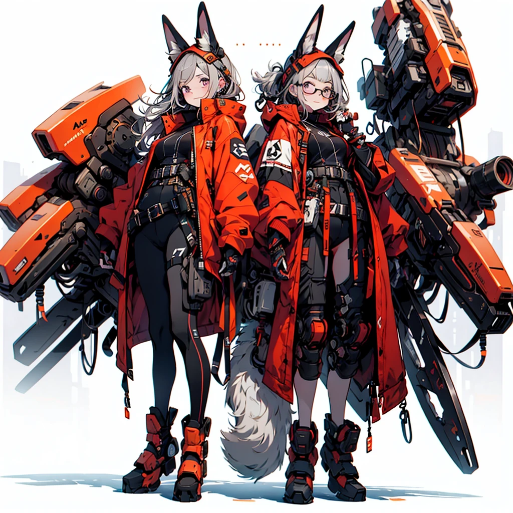 1girl、Dynamic composition、[17277fbe68],minaba hideo、High quality、Maximum detail、(((Highest quality、最高masterpiece、Official Art、The best dynamic composition)))、(Fine hair)、(Tabletop, Highest quality), 超detailed, Anime Style, Concept Art、whole body, (masterpiece), Highest quality, Fantasy art,whole body、masterpiece、Highest quality、(colorful)、（Beautifully detailed eyes and face）、Cinema Lighting、非常にdetailedなCG、Super huge、whole body、wallpaper rabbit ears, Mecha, mechanical, Bushy tail,, ultra detailed, masterpiece, Highest quality, beautiful, detailed,, alone, A proud smile, One girl, Purple eyes, Red frame glasses, (Gray Hair, Blue tip:1.2), Blue striped hair, Very long hair, Side Ponytail, Tied Hair, Medium chest,, Dataset, Jacket on shoulders, Coat on shoulders, Orange Dress, Rolled up my sleeves, Fingerless gloves, holster, belt, multiple belts, Combat Boots, Bulletproof vest, pants, Black coat, Tactical clothing,