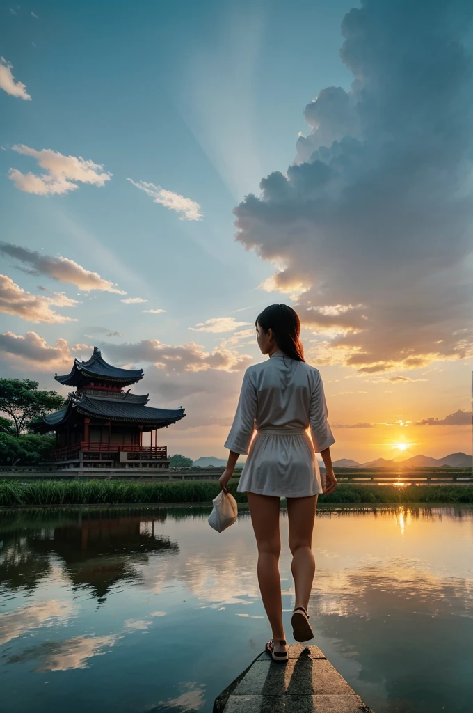 SFW, 1girl, solo focus, pov, very wide shot, landscape, east asian architecture, sunlight, sunrise, floating, cloud, sky, rain, water, full body, outdoors, scenery, depth of field