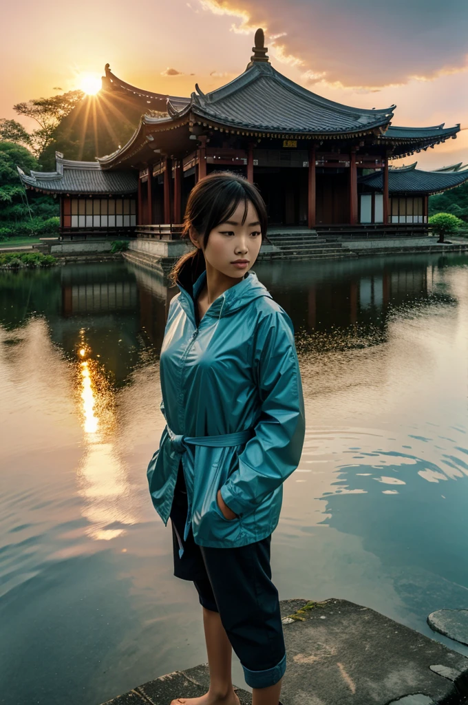 SFW, 1girl, solo focus, pov, very wide shot, landscape, east asian architecture, sunlight, sunrise, floating, cloud, sky, rain, water, full body, outdoors, scenery, depth of field