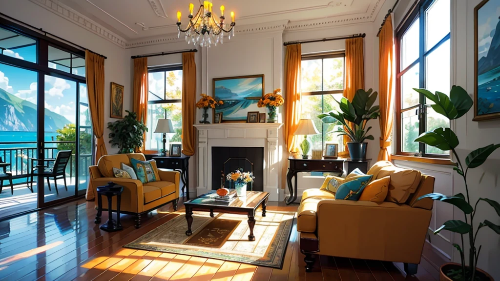 Terrace Studio, huge, Potted plants, Many beautiful orange flowers,figurines, Rocking Chair, bird, Expensive and comfortable interior design, Creative studio, decorate, 舒适的Art家工作室, easel, Color Palette, acrylic paint, painting, Large Windows, Hut, Art, table, sofa, armchair, Mirror, crystal, meditation, harmonious, There are a lot of books on the walls, Paintings on the wall, The view from the window, Ocean, Mountain, Stunning sunsets, Flower Arrangement, paint, brush, Art家的主题, grace, Dynamic and bright lighting, happiness, Full Color, Colorful, synthesis, Highest detail, Super quality, Fine details, Highlights, Neon, masterpiece, best colors