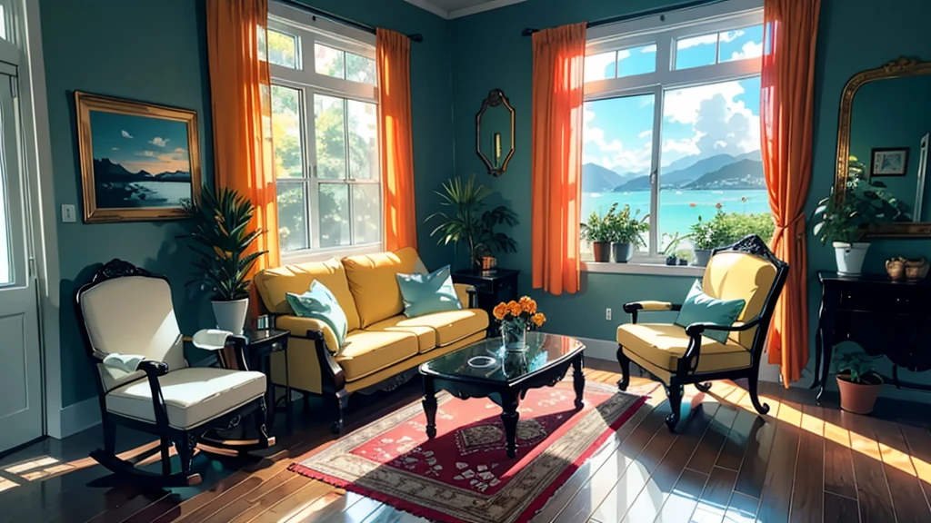 Terrace Studio， huge， Potted plants， Many beautiful orange flowers，figurines， Rocking Chair， bird，  Expensive and comfortable interior design， Creative studio， decorate， 舒适的Art家工作室， easel， Color Palette， acrylic paint， painting， Large Windows， Hut， Art， table， sofa， armchair， Mirror， crystal， meditation， harmonious， There are a lot of books on the walls， Paintings on the wall， The view from the window， Ocean， Mountain， Stunning sunsets， Flower Arrangement， paint， brush， Art家的主题， grace， Dynamic and bright lighting， happiness， Full Color， Colorful， synthesis， Highest detail， Super quality， Fine details， Highlights， Neon， masterpiece， best colors
