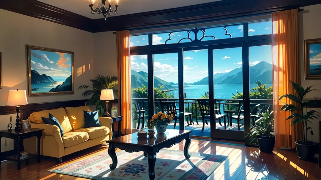 Terrace Studio, huge, Potted plants, Many beautiful orange flowers,figurines, Rocking Chair, bird, Expensive and comfortable interior design, Creative studio, decorate, 舒适的Art家工作室, easel, Color Palette, acrylic paint, painting, Large Windows, Hut, Art, table, sofa, armchair, Mirror, crystal, meditation, harmonious, There are a lot of books on the walls, Paintings on the wall, The view from the window, Ocean, Mountain, Stunning sunsets, Flower Arrangement, paint, brush, Art家的主题, grace, Dynamic and bright lighting, happiness, Full Color, Colorful, synthesis, Highest detail, Super quality, Fine details, Highlights, Neon, masterpiece, best colors