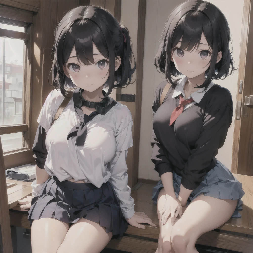 (masterpiece, top quality, best quality, official art, beautiful), Cute with a height of 100 cm,Japanese Girl,Elementary School Student,Black short twin-tail hair,High-leg bloomers,School gym uniform,Erect nipples,Ultra-detailed,Realistic,Portrait,Gentle lighting,fleshy thighs ,shiny skin,Wearing a pet collar around neck,light makeup,fine eyebrows,having a small nose, large tear troughs,Elementary School Classrooms,nsfw,baby face,Clothing that shows the navel