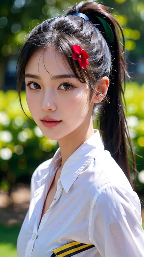 White collared shirt,jeans,outdoors,Urban Park,On the lawn,One woman,close up face,fully body photo,masutepiece, The highest image quality, High quality, the background is clear,Beautiful woman, Japanese, Detailed, Ultra-detailed, finely detail, hight resolution, 8K Wallpaper, Perfect dynamic composition, Beautiful detailed eyes ,Detailed eyes, Detailed skin, Beautiful skin, 超hight resolution, (reality: 1.4),Very beautiful woman, Slightly younger face, Beautiful skin, slender, (Ultra photo realsisim), (hight resolution), (8K), (Very detailed) (beautifully detailed eyes), (super detailed), (Detailed face), view the viewer, Fine details, Detailed face, Staring straight ahead, Staring straight ahead, photos realistic, Bright lighting, Professional Lighting, Black hair,poneyTail,a baby face,sixteen years old,Hairstyle: ponytail,Long ponytail hairstyle,slight smile,