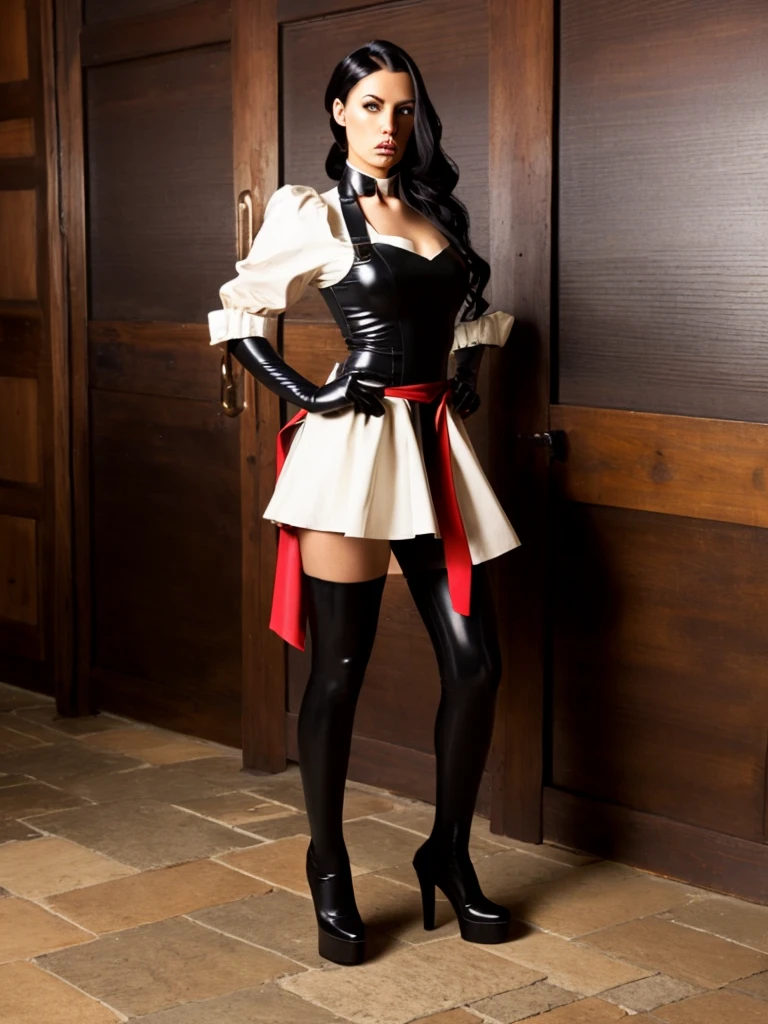 Psylocke ((long hair)), black latex pattern, maid headdress, maid outfit, apron thigh boots,
betsy_britain
