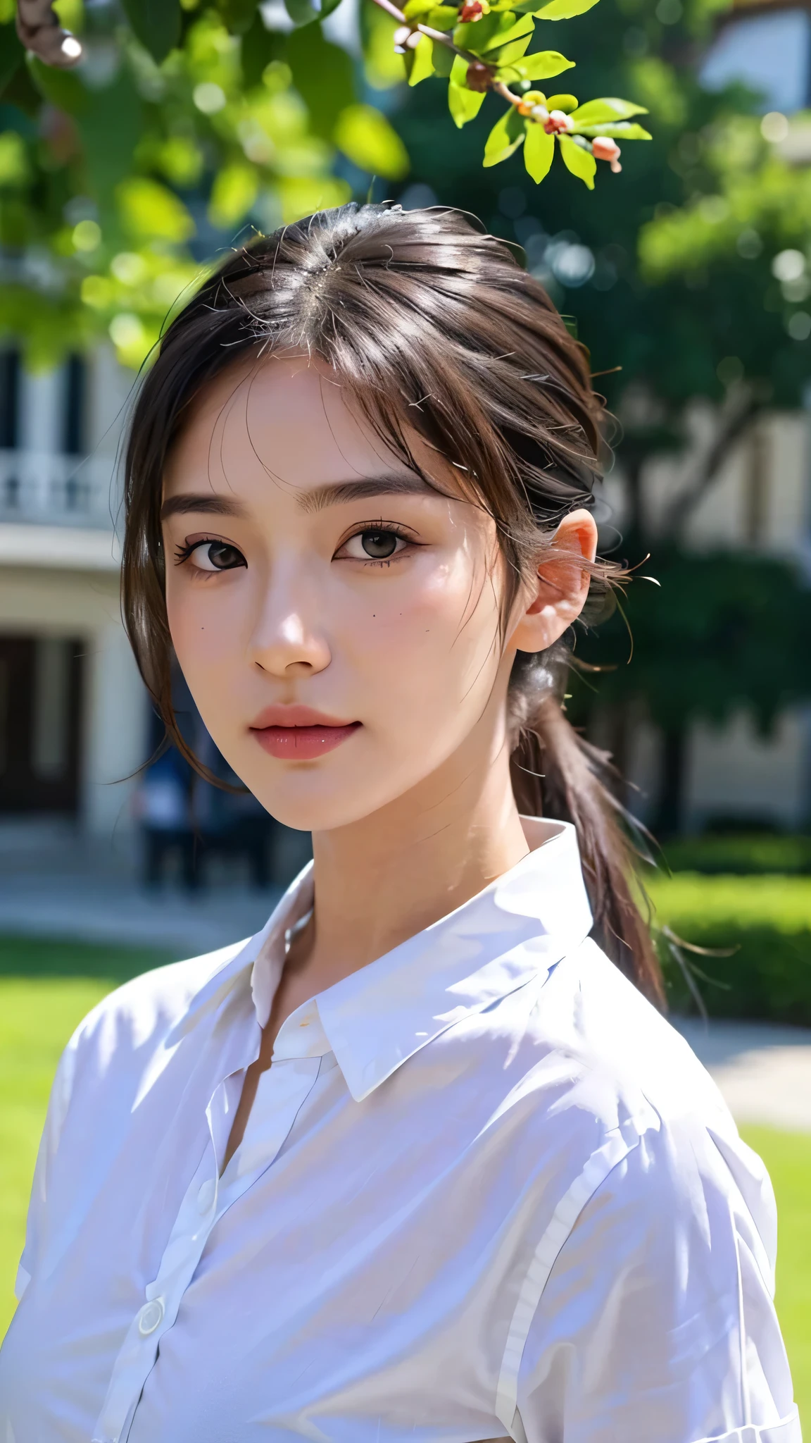 White collared shirt,jeans,outdoors,Urban Park,On the lawn,One woman,close up face,fully body photo,masutepiece, The highest image quality, High quality, the background is clear,Beautiful woman, Japanese, Detailed, Ultra-detailed, finely detail, hight resolution, 8K Wallpaper, Perfect dynamic composition, Beautiful detailed eyes ,Detailed eyes, Detailed skin, Beautiful skin, 超hight resolution, (reality: 1.4),Very beautiful woman, Slightly younger face, Beautiful skin, slender, (Ultra photo realsisim), (hight resolution), (8K), (Very detailed) (beautifully detailed eyes), (super detailed), (Detailed face), view the viewer, Fine details, Detailed face, Staring straight ahead, Staring straight ahead, photos realistic, Bright lighting, Professional Lighting, Black hair,poneyTail,a baby face,sixteen years old,Hairstyle: ponytail,Long ponytail hairstyle,slight smile,