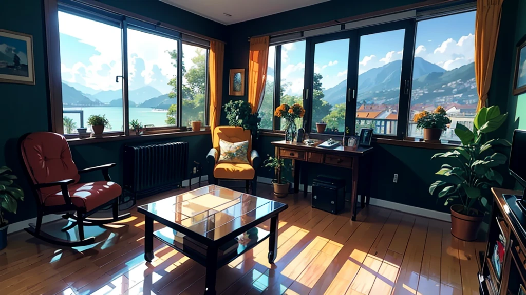 Terrace Studio, huge, Potted plants, Many beautiful orange flowers,figurines, Rocking Chair, bird, Expensive and comfortable interior design, Creative studio, decorate, 舒适的Art家工作室, easel, Color Palette, acrylic paint, painting, Large Windows, Hut, Art, table, sofa, armchair, Mirror, crystal, meditation, harmonious, There are a lot of books on the walls, Paintings on the wall, The view from the window, Ocean, Mountain, Stunning sunsets, Flower Arrangement, paint, brush, Art家的主题, grace, Dynamic and bright lighting, happiness, Full Color, Colorful, synthesis, Highest detail, Super quality, Fine details, Highlights, Neon, masterpiece, best colors