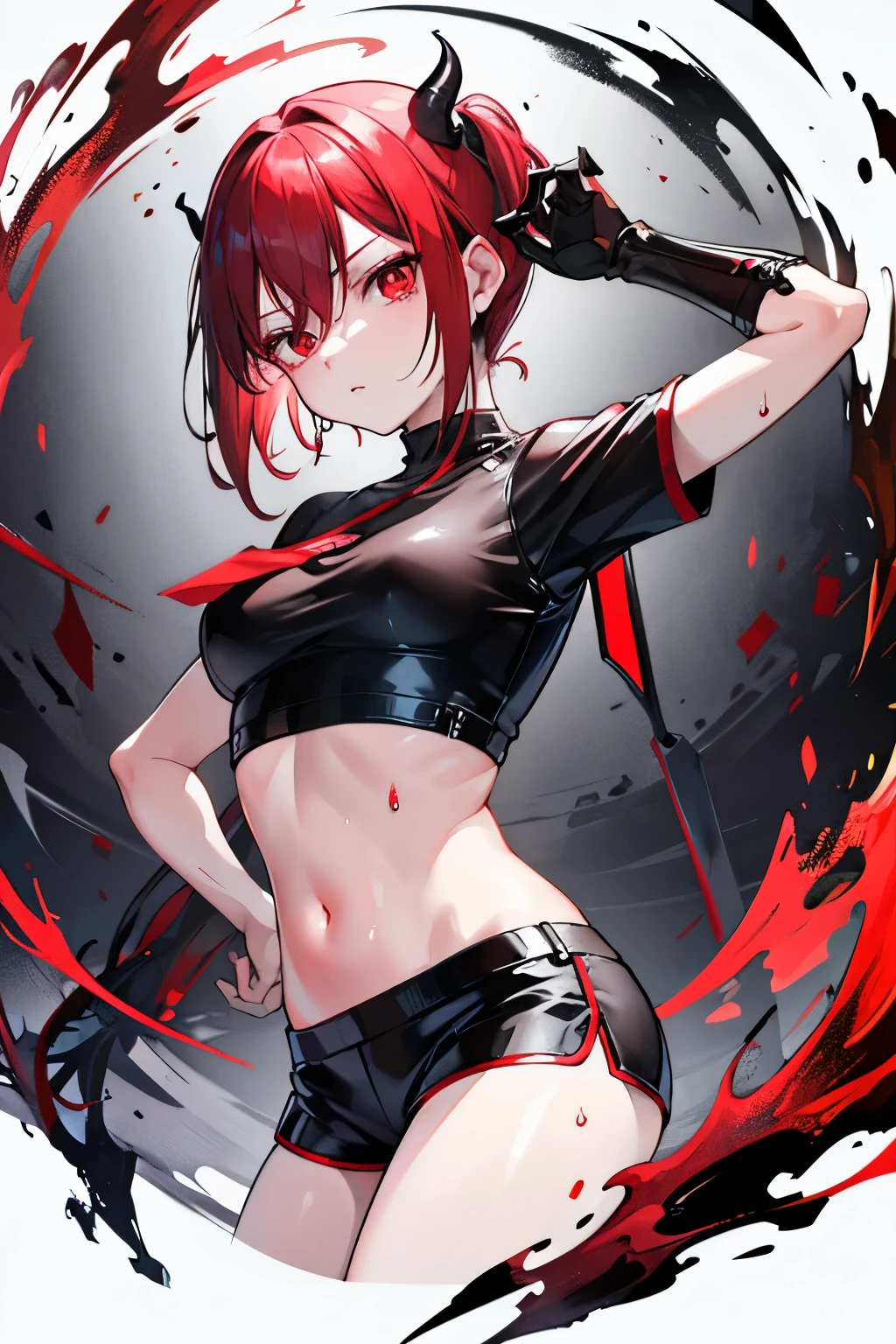 underdressing，indifferent，Red Eyes，Sweat，Soaked，liquid，transparent，Expression of disgust，Back，Cropped tops，Leather Shorts，succubus