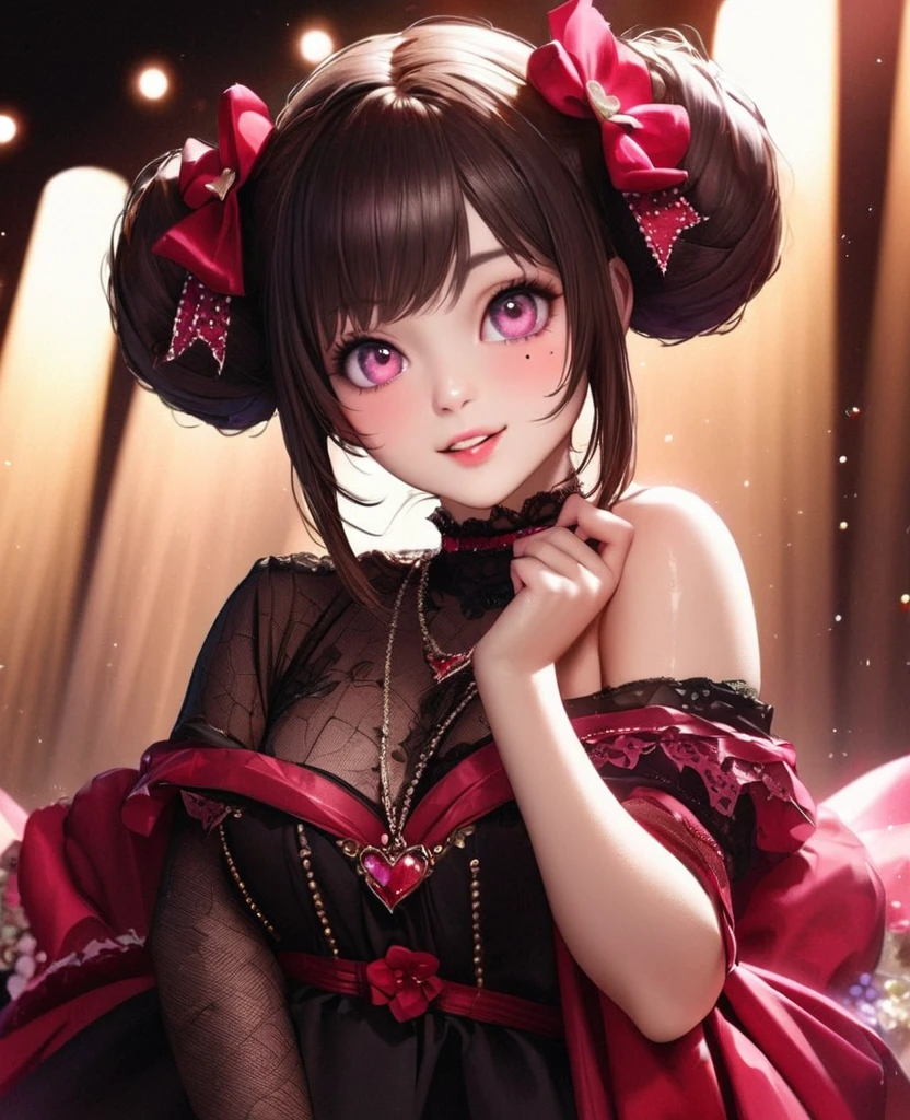 One Girl、Looking at the audience、
Beautiful pink eyes、Two brown double hair buns , Mole under the eye、Plump and glossy lips、Heart-shaped choca、Idol、Her name is Rico,smile、ー、。.。.。.。.。.。.。.。.。.。.。.。.。.。.。.。.。.。.3D、Realistic、
off shoulder dress, Drape clothes、gem、The decoration has been removed、Floral、Lace trim,On a glittering stage、
masterpiece、highest quality、8k、Detailed skin texture、Detailed cloth texture、Beautifully detailed face、Intricate details、Very detailed、
超A high resolution、8k Ultra HD、Film Grain、Best Shadow、delicate、Gazing at the audience、front