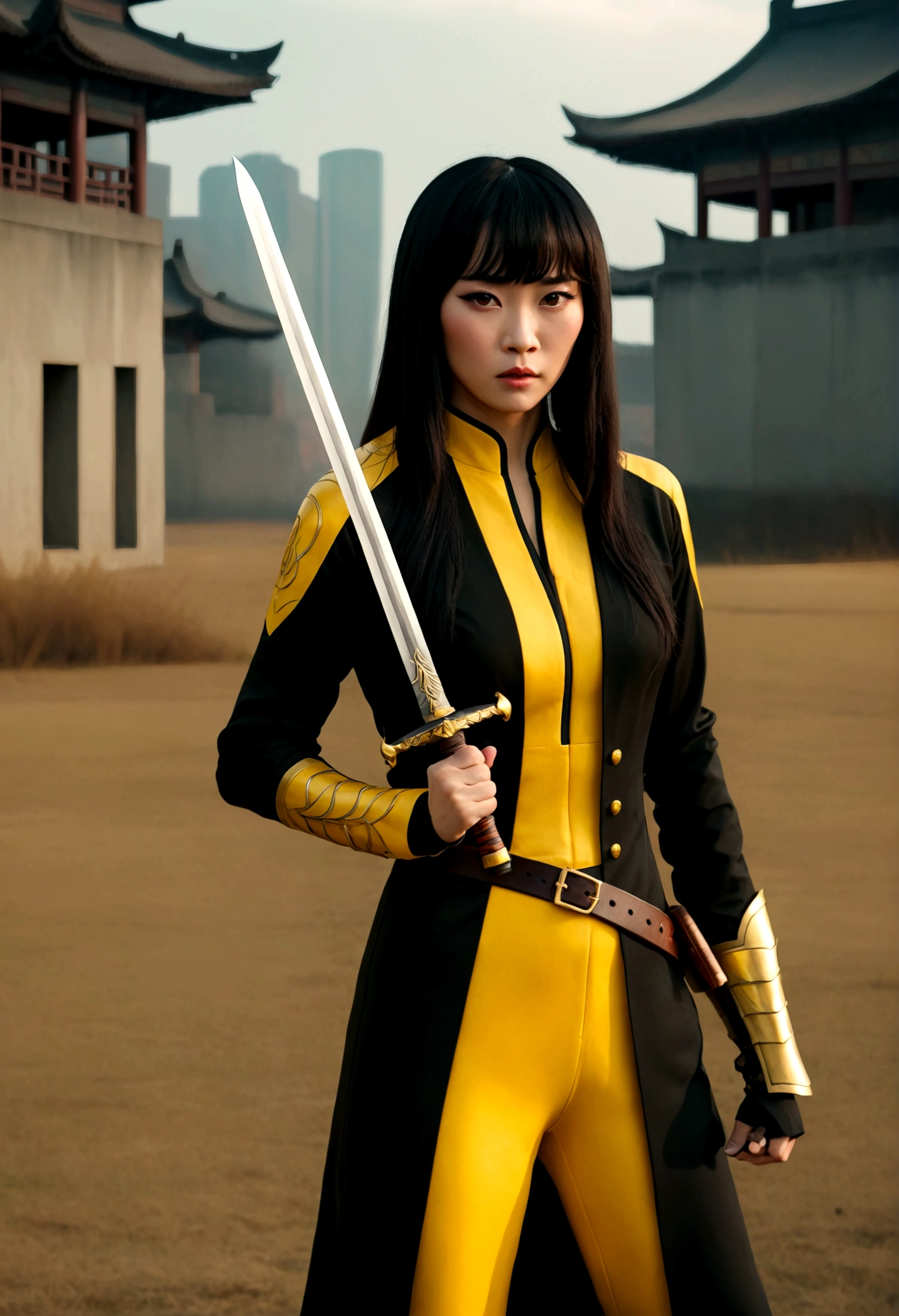 Beautiful Chinese woman in a black and yellow suit, holds a sword, full body cinematic shot, "modern superhero costume", Chinese woman with bangs, courageous character, Kind, Brave, on the battlefield, DC вселенная