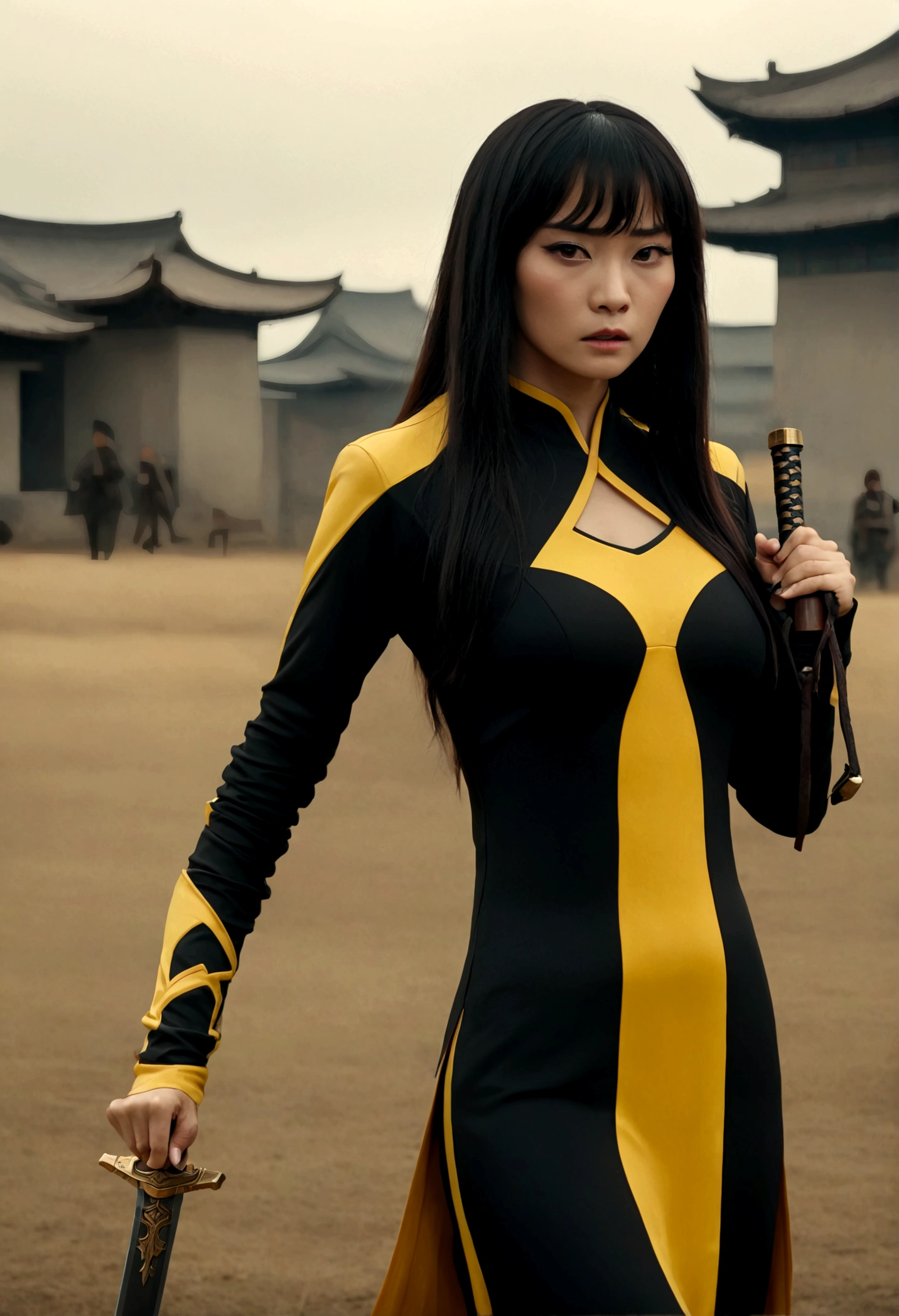 Beautiful Chinese woman in a black and yellow suit, holds a sword, full body cinematic shot, "modern superhero costume", Chinese woman with bangs, courageous character, Kind, Brave, on the battlefield, DC вселенная