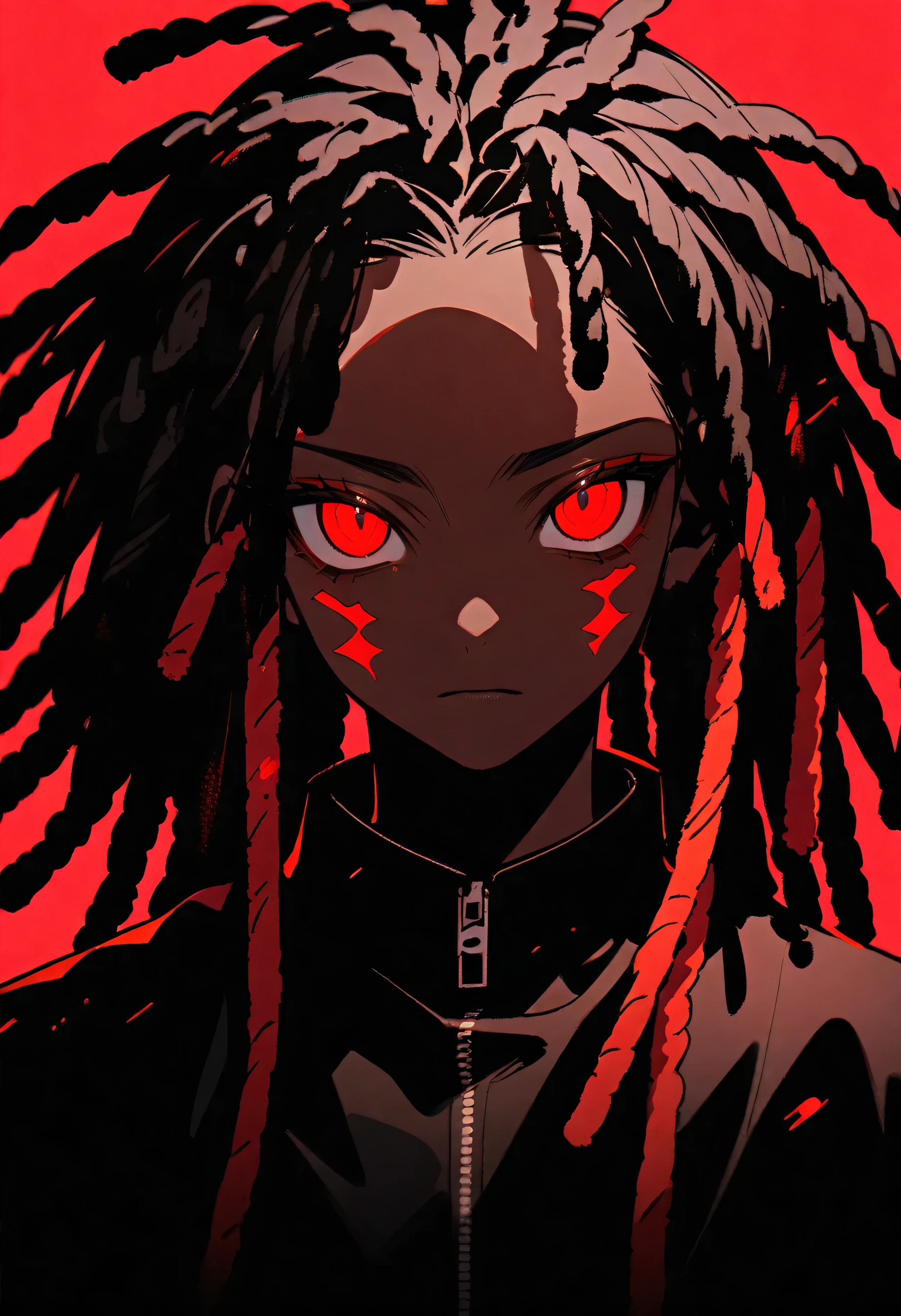 black man with red eyes, dreadlocks and black and red background 