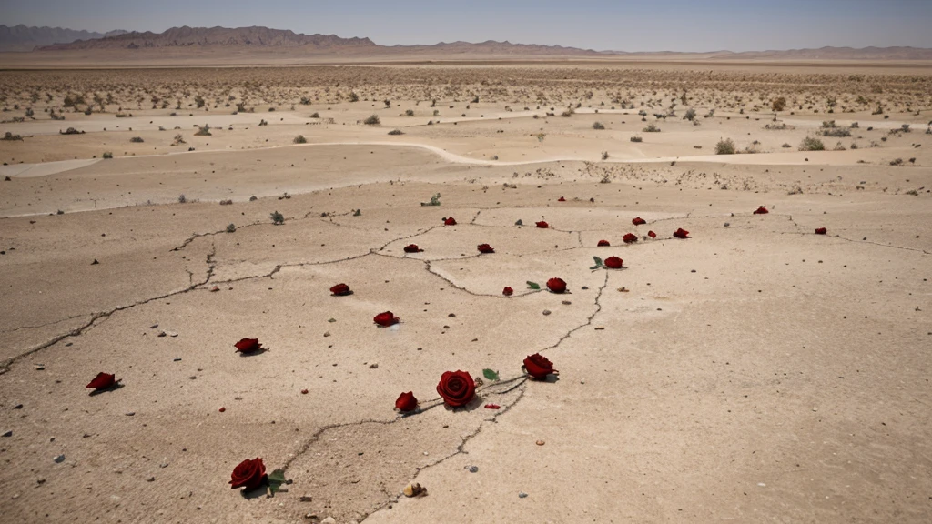 a barren desert with seventy-two shattered and fragmented roses fallen down on the ground and spread across the hot and dry wasteland