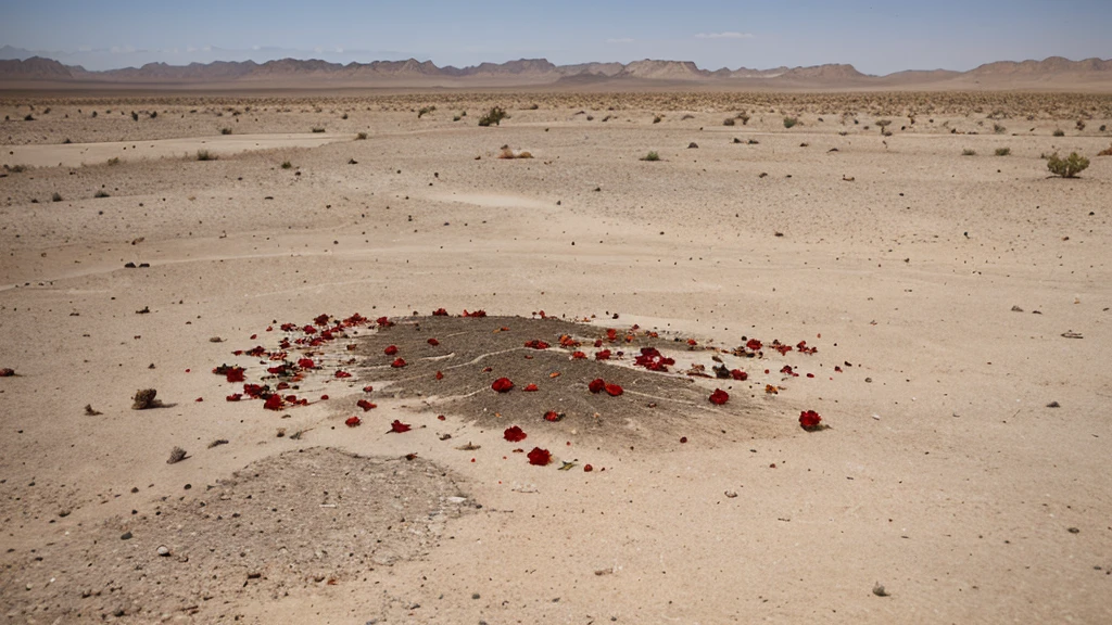 a barren desert with seventy-two shattered and fragmented roses fallen down on the ground and spread across the hot and dry wasteland