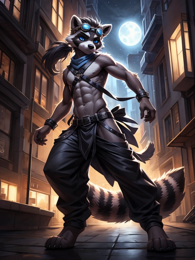 no lighting, deep shadow, dynamic angle, Solo,  furry, furry, teenccoon, grey body, long brown spiked_ponytail, Detailed body fur, long blue scarf, leather_harness, blue_loincloth, goggles, masterpiece, gray body, Detailed face, big eyebrows, blue eyes, detailed eyes, No muscles, Detailed hands, Flat body, Skinny, Detailed paws, metal cuffs on wrists, black baggy pants, no shirt, street, night, no underwear, laying, bored