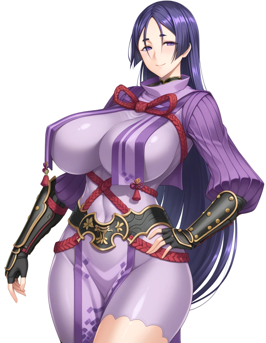 1girl,solo,perfect,high quality,faultless,
raikou, raikou, parted bangs, purple eyes, purple hair, long hair, hime cut, forehead, mature female,
arm guards, armor, black gloves, bodysuit, fingerless gloves, gloves, japanese armor, kote, loincloth, purple bodysuit, ribbed sleeves, tabard, toned,mother,maternal,maternal instinct,Super huge breasts,whipped thighs,smile,soft expression,near body,SFW,white background