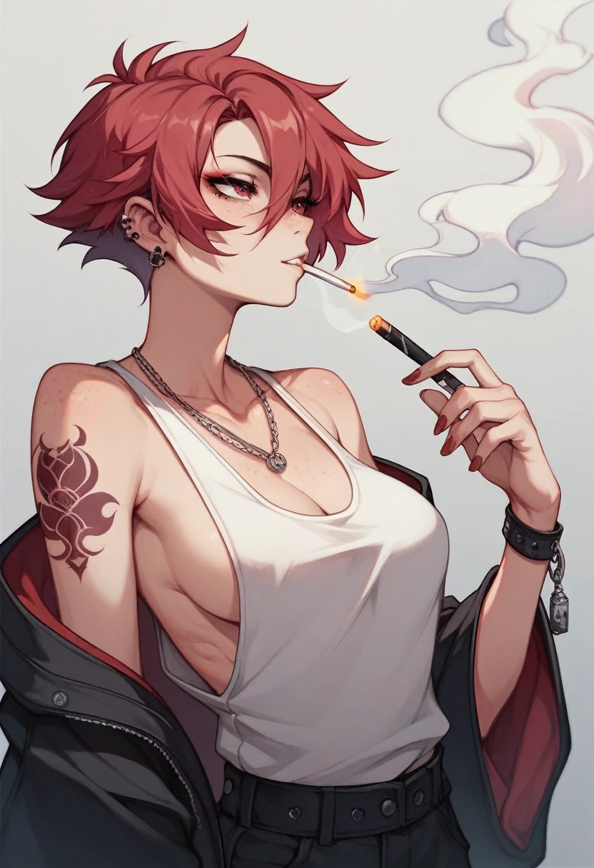 Crimson hair, black highlight in hair, short hair, tomboy, Japanese sleeve tattoo, neat ear piercings, thin tanktop, b cups, no bra, one cigarette in mouth, streetwear, freckle on right boob, night, city