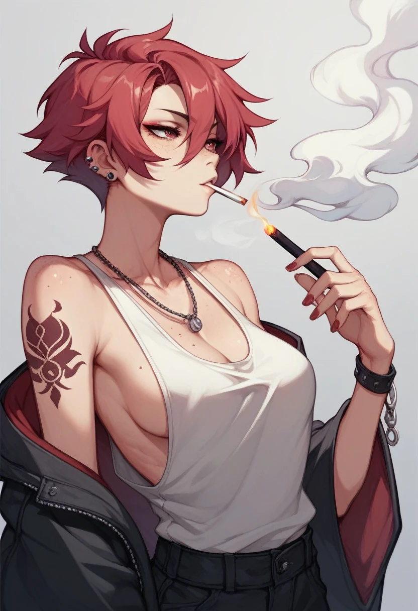 Crimson hair, black highlight in hair, short hair, tomboy, Japanese sleeve tattoo, neat ear piercings, thin tanktop, b cups, no bra, one cigarette in mouth, streetwear, freckle on right boob, night, city