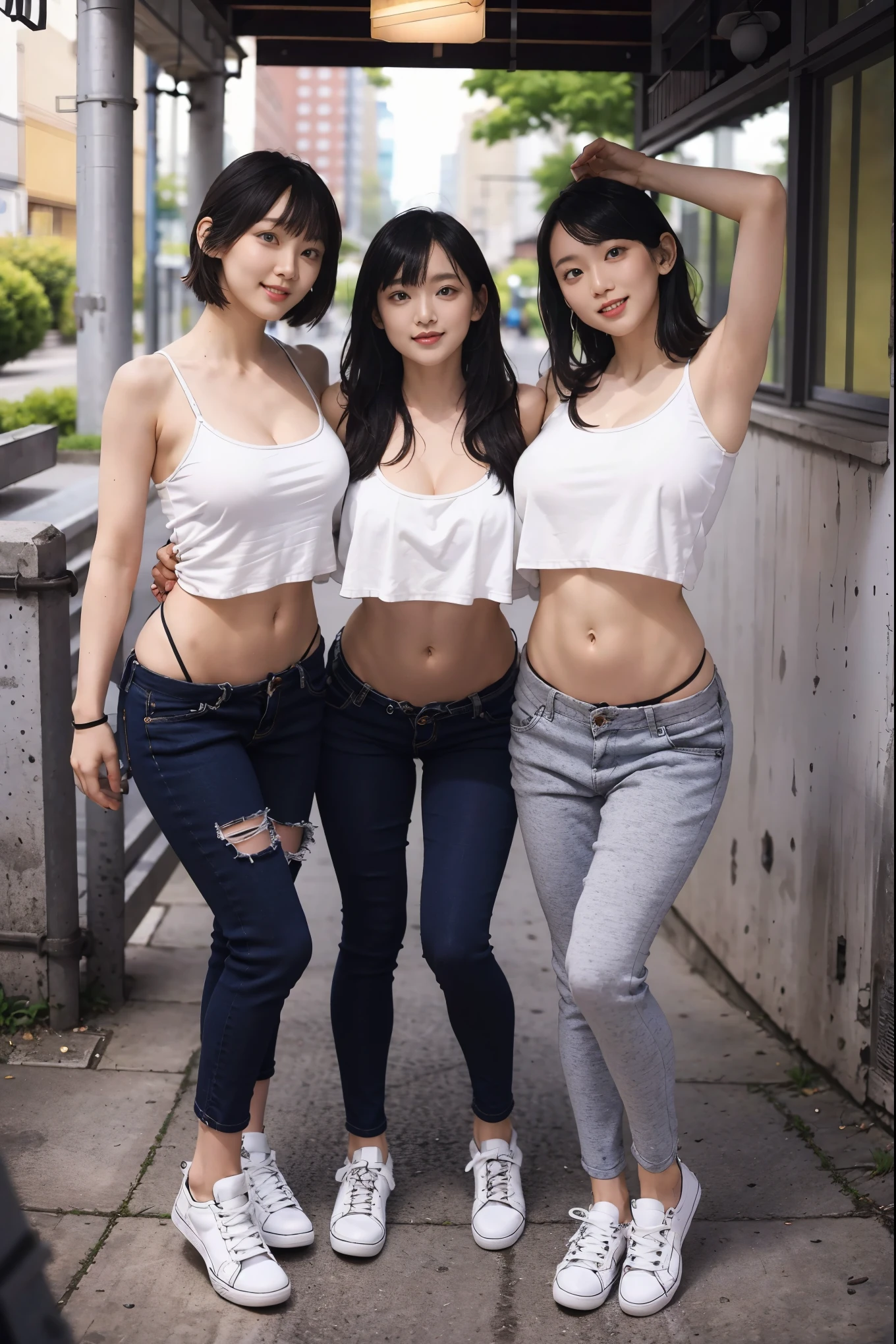 (Best Quality, Masterpiece, Photo realistic, Ultra Detailed, ultra high res, raw), (3 girls, group shot:1.3), pretty, Japanese, smile, bangs, double eyelids, (big breasts:1.3), (long hair| medium hair| short hair), (LowriseXL, LowwaistXL, groin), (cropped camisole), skinny jeans, navel, (sneaker, beautiful long legs, full body), main street, from below, (fashion model posing), armpits,
