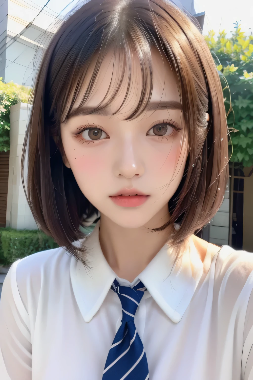 (Highest quality:1.3)、(Masterpiece:1.4)、Raw photo、8k、(Highest Resolution)、(Highest quality)、high resolution、(from the front)、Beautiful face in every detail、Realistic human skin、(Long bob hair:1.3)、(Straight Hair)、(Low hair volume)、Shirahime cut hairstyle、(Young and pretty Asian face), (Beautiful Asian Girl),((Ulzzang))、(Her eyes are big)、Attractive woman、(Attractive lips)、The corners of the mouth rise、(With bangs))、(No makeup)、Beautiful Hair、(Blushing:1.17)、(Japanese high school girls)、(Schoolgirl uniform)、、(JK Ribbon)、A bow tie、I want to kiss、(I want you to kiss me)、The Temptation of Kissing、garden