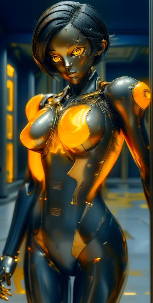 1 girl, solo, (look at viewer), ((Best quality)), ((masterpiece)), (detailed:1.4), ((upper body)), 3D, an image of a beautiful cyberpunk female,HDR (High Dynamic Range), Ray Tracing,NVIDIA RTX,Super-Resolution,Unreal 5,Subsurface scattering,PBR Texturing,Post-processing,Anisotropic Filtering,Depth-of-field,Maximum clarity and sharpness,Multi-layered textures,Albedo and Specular maps,Surface shading,Accurate simulation of light-material interaction,Perfect proportions,Octane Render,Two-tone lighting,Wide aperture,Low ISO,White balance,Rule of thirds,8K RAW, (((yellow eyes))), (((liquid metal black short hair))), AlexTS, (dark skin:1.2), yellow eyes, black hair, short hair, medium breasts, yellow bodysuit, belt, (( gold amor))