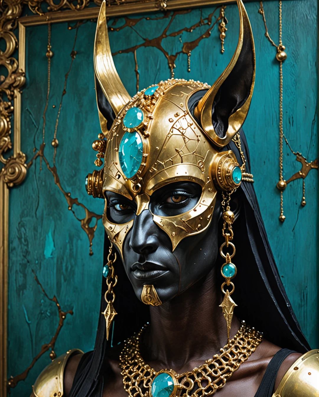 ((helmet adorned with jewels covering the eyes)).anubis wearing a golden warrior helmet with eyeless mask, eyes covered, profile view, inspired by Hedi Xandt, by gerald brom, todd lockwood and carne griffiths, rococo, hauntingly illustration beautiful, gothic fantasy, (copper goat skulls, photo of a manual jewelry model, intricate latex set, golden taurus, pearls and chains, carved uniqueness ー etsy, baphomet, inlaid with rococo gold: 0.7), background bioluminescent bokeh, textured gold foil and abstract lines in bg, ,portraitart, art_booster,Decora_SWstyle.., maximalist art, by Moebius and Hariton Pushwagner, (ambient occlusion, masterful, beautiful), poster art, bold lines, hyper-detailed, expressive, award-winning, (landscape:1.4), (intricate details, masterpiece, best quality: 1.4), looking at the viewer, dynamic pose, wide-angle view, in the style of Nicola Samori, futuristic style, elegant, ultramodern, high technology, ornate by Moebius and Marc Simonetti, clean lines, geometric shapes, Minimalist red and cyan color scheme mkitdecy, rust, cracks brutalism, style by Tom Jung and Drew Struzan and Tim and Greg Hildebrandt, ((style by artgerm and Greg Manchess and Ilya Kuvshinov))