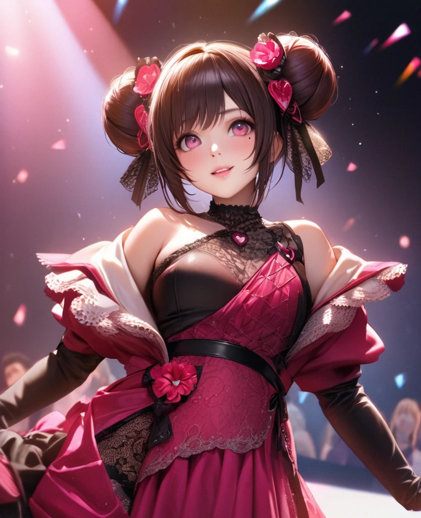 One Girl、Looking at the audience、
Beautiful pink eyes、Two brown double hair buns , Mole under the eye、Plump and glossy lips、Heart-shaped choca、Idol、Her name is Rico,smile、ー、。.。.。.。.。.。.。.。.。.。.。.。.。.。.。.。.。.。.3D、Realistic、
off shoulder dress, Drape clothes、gem、The decoration has been removed、Floral、Lace trim,On a glittering stage、
masterpiece、highest quality、8k、Detailed skin texture、Detailed cloth texture、Beautifully detailed face、Intricate details、Very detailed、
超A high resolution、8k Ultra HD、Film Grain、Best Shadow、delicate、Gazing at the audience、front