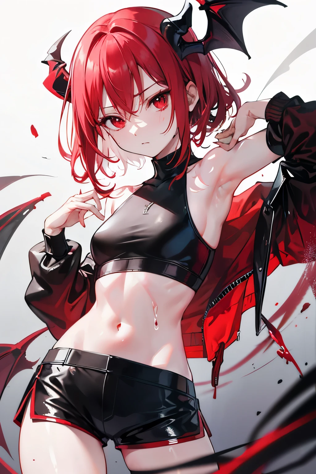 underdressing,indifferent,Red Eyes,Sweat,Soaked,liquid,transparent,Expression of disgust,Back,Cropped tops,Leather Shorts,succubus