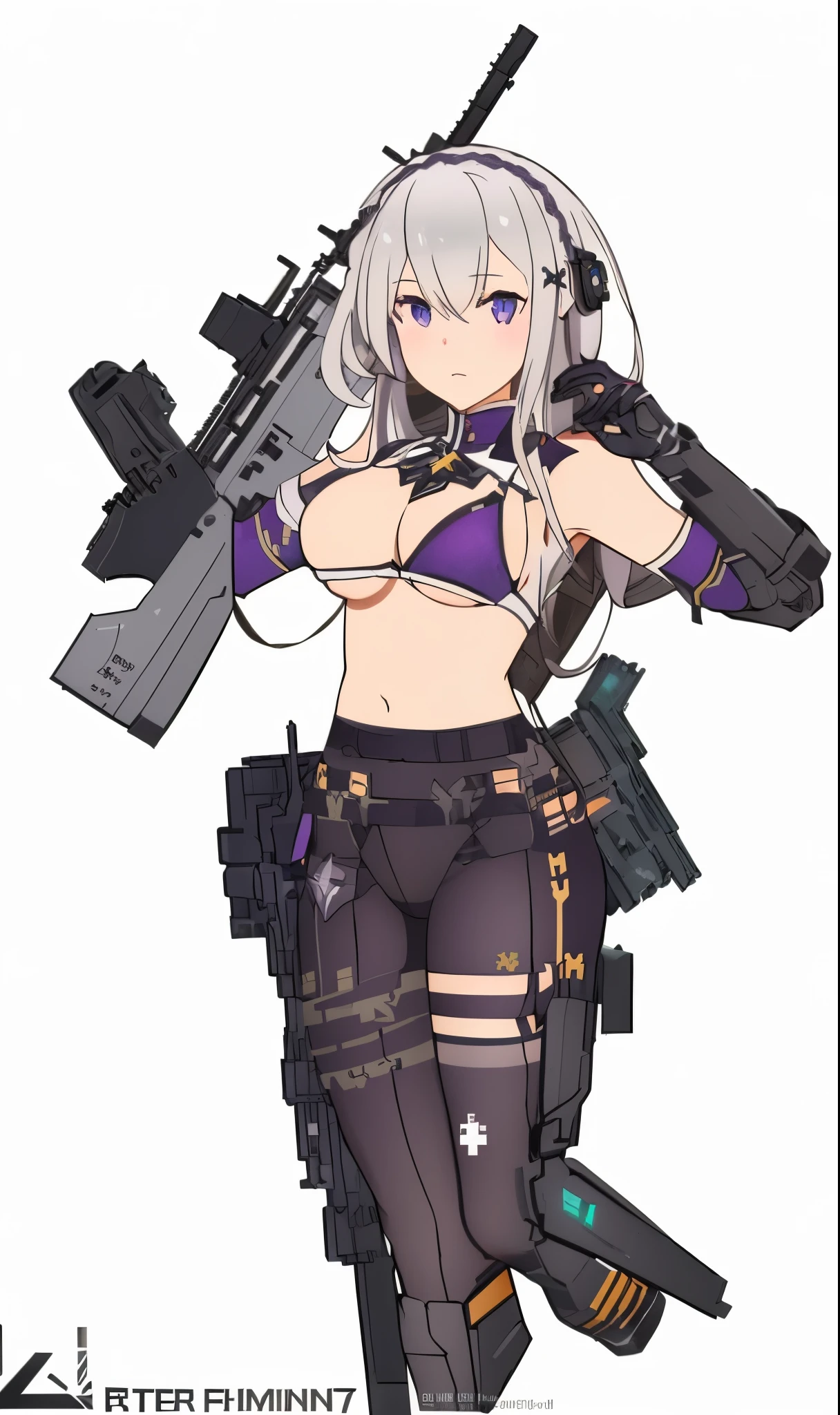 Emilia re:zero, purple eyes, Emilia, crown braid, x hair ornament, flower hair ornament, white hair, long hair, medium breasts, panties, thong, transparent leggings, a woman in a bikini top holding a gun and wearing a helmet, m4 sopmod ii girls frontline, from girls frontline, bikini + tattered military gear, fine details. girls frontline, girls frontline style, mechanized soldier girl, cushart kenz, girls frontline cg, render of april, infantry girl, kantai collection style, girls frontline, soldier girl